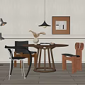Modern Round Wooden Dining Table Set With Designer Chairs Pendant Lights And Wall Art
