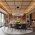 Elegant Private Dining Room With Wooden Ceiling Circular Pendant Light Round Table And Green Plant