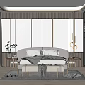 Elegant Modern Bedroom Interior With Upholstered Headboard Side Tables Hanging Lights And Area Rug