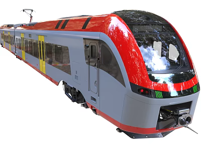 Modern Red And Gray Streamlined Train Featuring Large Windows And Yellow Door Accents 3d model