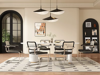 Elegant Modern Restaurant With Arched Windows Black Pendant Lights And White Round Dining Table 3d model