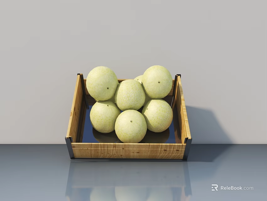 Light Green Round Honeydew Melons Arranged In Wooden Box On Gray Table 3d model 
