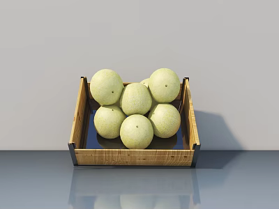 Light Green Round Honeydew Melons Arranged In Wooden Box On Gray Table 3d model