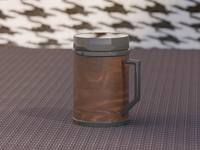 Wooden Mug With Black Lid And Handle On Woven Mat Houndstooth Background 3d model