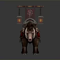 Ornate Boar Mount With Red Saddle Lanterns Banner And Skull Decorations