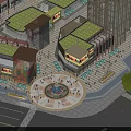 Vibrant Commercial Street With Green Rooftops Plaza Fountain Café Areas Tables Chairs And Pedestrians