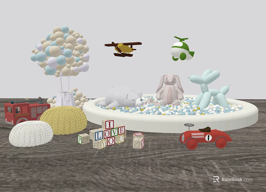 Kids Play Area With Balloons Toy Planes Helicopter Cars Building Blocks And Ball Pit 3d model 