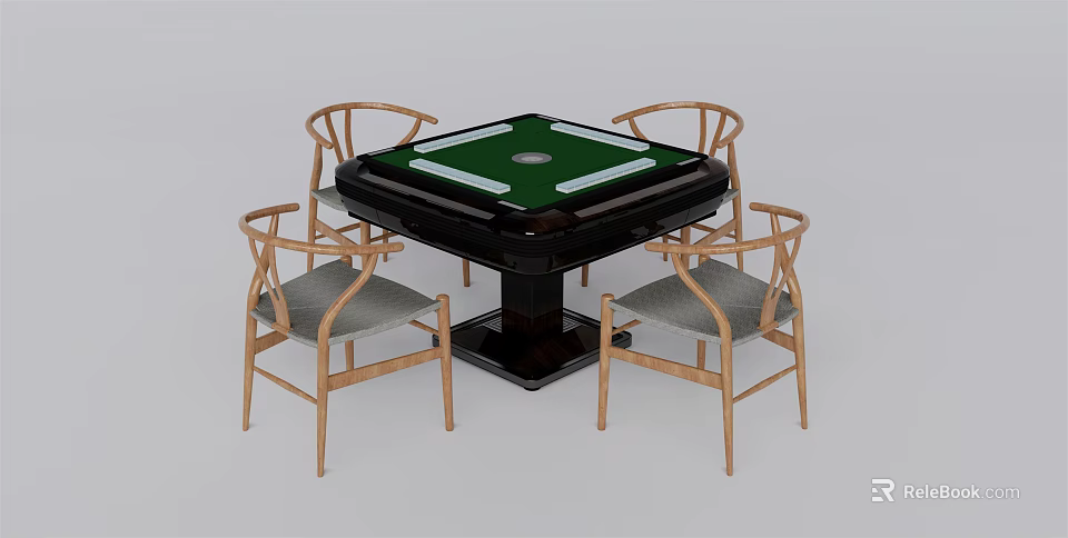 Entertainment Table with Green Surface and Four Wooden Chairs Gray Seats and Square Design 3d model 