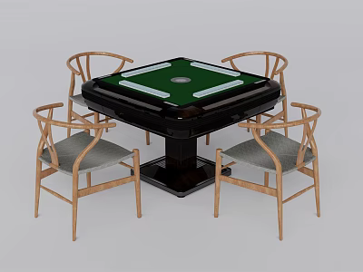 Entertainment Table with Green Surface and Four Wooden Chairs Gray Seats and Square Design 3d model