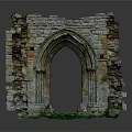 Ancient Stone Entrance Gate Featuring Gothic Arch Ruined Structure Weathered Bricks and Mossy Base
