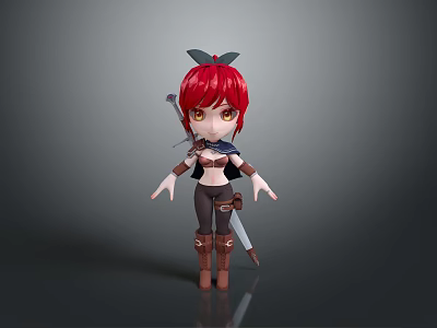 Game Movie Character with Red Hair Bow and Sword in Chibi Style 3d model