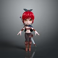 Game Movie Character with Red Hair Bow and Sword in Chibi Style