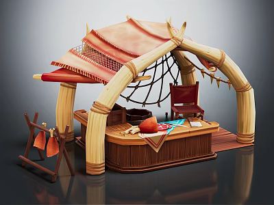 Traditional Bamboo Hut With Red Canopy Netting Interior Wooden Table Chair Cloth And Fruits 3d model