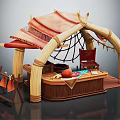 Traditional Bamboo Hut With Red Canopy Netting Interior Wooden Table Chair Cloth And Fruits