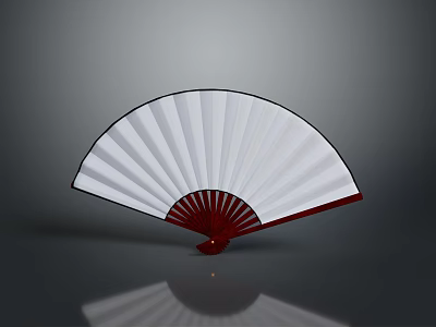 Traditional White Folding Fan With Red Frame And Reflective Gray Background 3d model