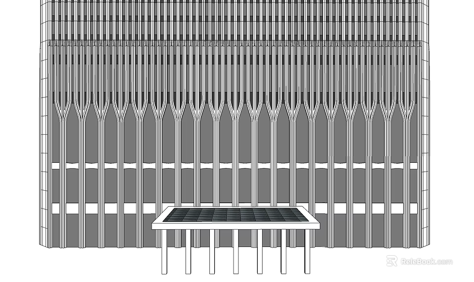 Vertical Columns Structure With Front Long Table Black Surface Slender Legs 3d model 