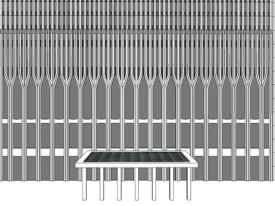 Vertical Columns Structure With Front Long Table Black Surface Slender Legs 3d model