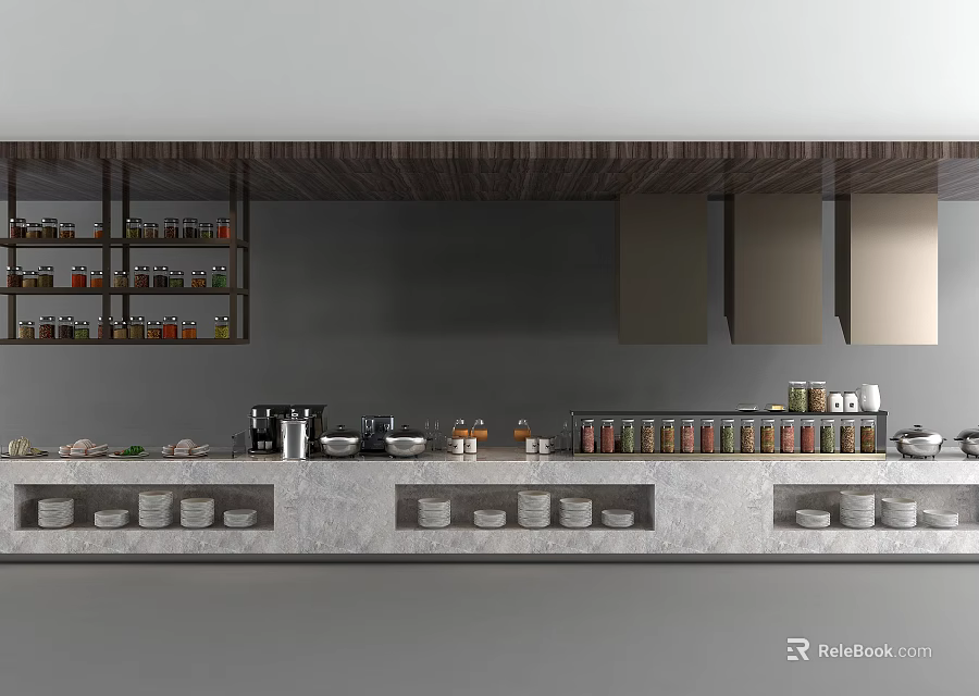 Modern Open Kitchen Display Cabinets and Shelves With Spice Jars and Tableware Storage 3d model 