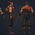 Warrior Character Front Back Views Holding Hammer With Armor Outfit On Stone Slab Base