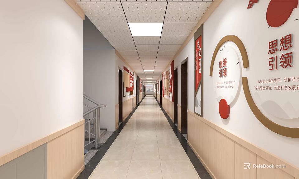 Elevator Corridor Interior With Circular Wall Decor Red Accents And Tile Flooring 3d model