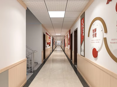 Elevator Corridor Interior With Circular Wall Decor Red Accents And Tile Flooring 3d model