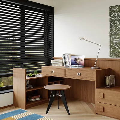 Wooden Desk And Round Stool Home Office With Laptop Desk Lamp Books And Green Plant 3d model