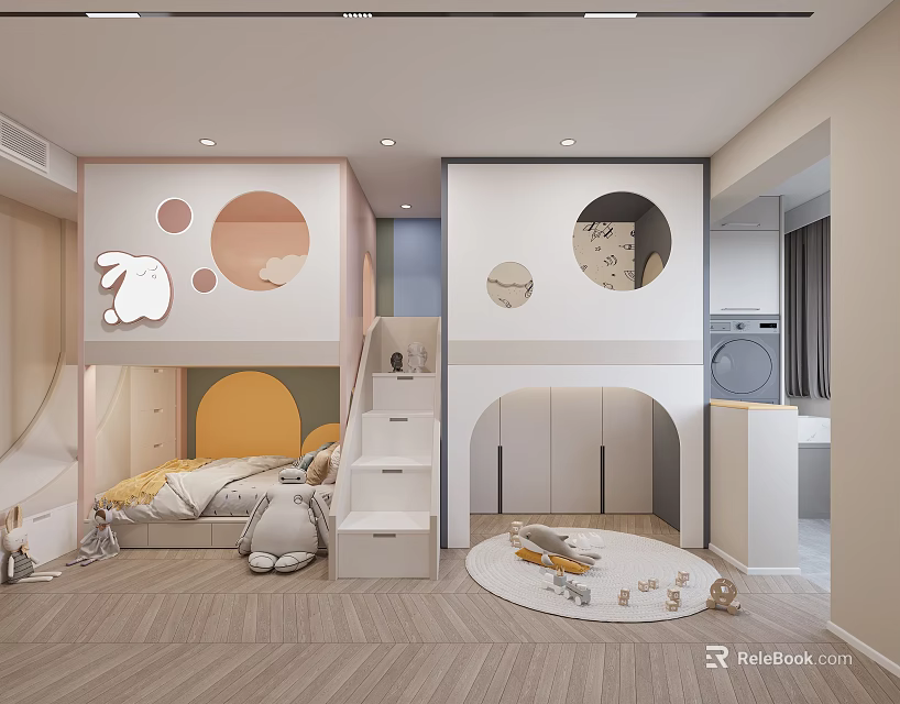 Playful Cozy Kids Bedroom With Bunk Bed Slide And Rabbit Decor 3d model 
