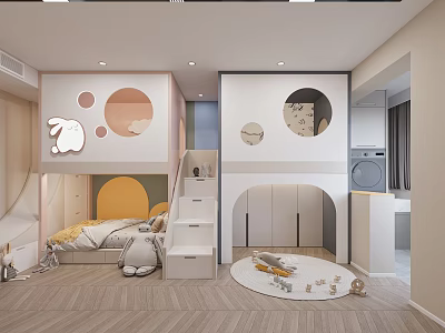 Playful Cozy Kids Bedroom With Bunk Bed Slide And Rabbit Decor 3d model