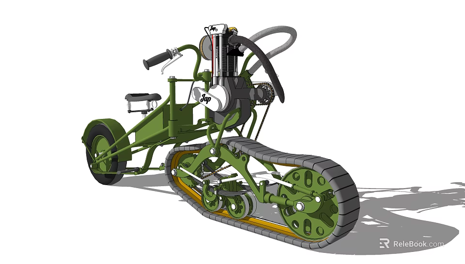 Green Three Wheeled Motorcycle With Tracked Design And Mechanical Components 3d model 