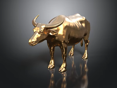 Golden Ox Sculpture With Shiny Surface Standing On Dark Background With Reflection 3d model