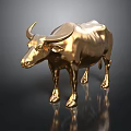 Golden Ox Sculpture With Shiny Surface Standing On Dark Background With Reflection
