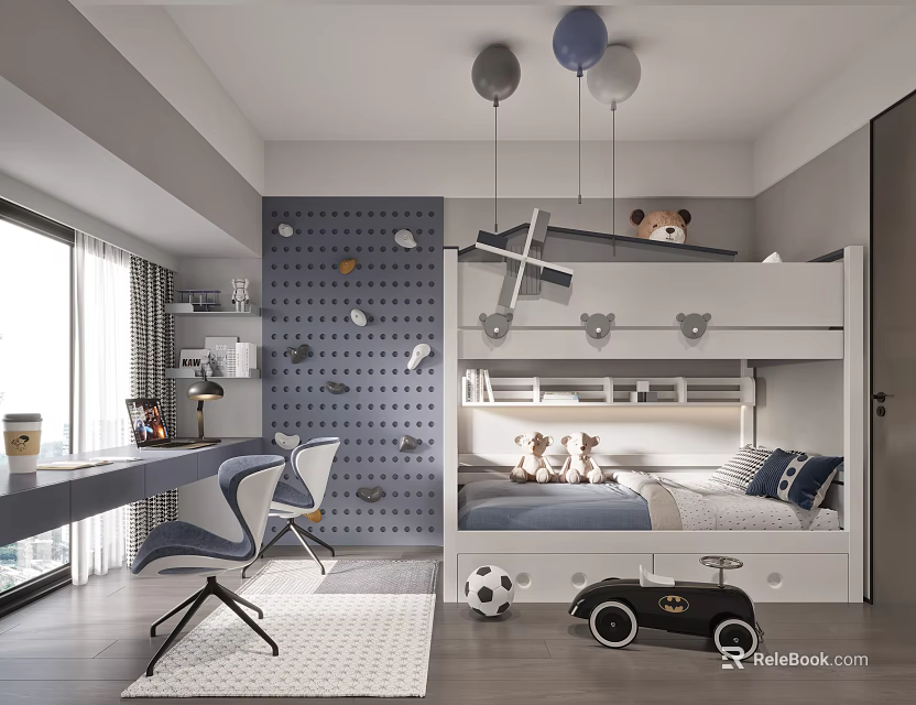 Modern Kids Bedroom With Bunk Bed Study Area And Toys 3d model 