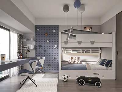 Modern Kids Bedroom With Bunk Bed Study Area And Toys 3d model