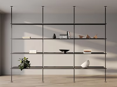 Modern Open Bookshelf with Black Metal Frame Multiple Shelves Holding Books Decorations and Green Plant 3d model