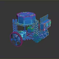 Blue 3D Printed Mechanical Model With Cylindrical Body Wheels And Structural Parts