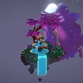 Cartoon Floating Island Scene With Purple Tree Blue Fountain Stone Steps And Full Moon