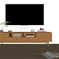 Natural Wood TV Stand with Drawers Open Shelves and Decorative Items Under Wall Mounted TV
