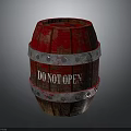 Red Wooden Barrel With Silver Metal Hoops And DO NOT OPEN Sign On Dark Background