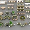 Modern Booth Sofas Interior Design With Diverse Shapes Tables And Green Plants 3d model