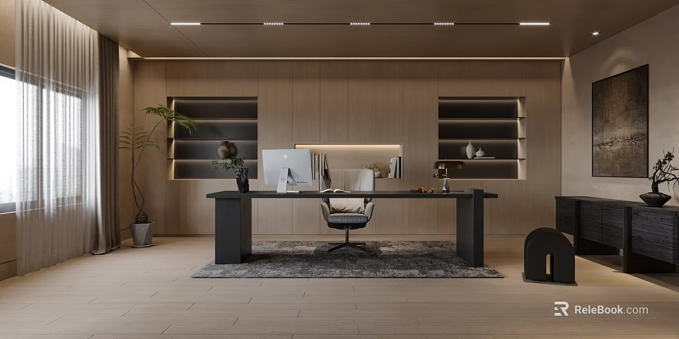 Modern Office Interior With Wooden Walls Desk Computer Chair Bookshelves And Green Plant 3d model 