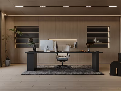 Modern Office Interior With Wooden Walls Desk Computer Chair Bookshelves And Green Plant 3d model