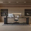 Modern Office Interior With Wooden Walls Desk Computer Chair Bookshelves And Green Plant
