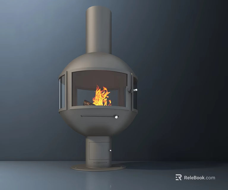 Modern Freestanding Fireplace With Cylindrical Chimney Glass Panel And Burning Flames Design 3d model 