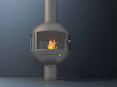Modern Freestanding Fireplace With Cylindrical Chimney Glass Panel And Burning Flames Design 3d model