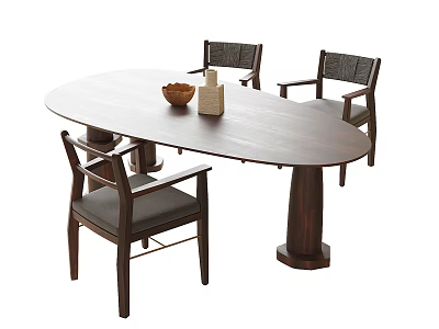 Modern Minimalist Wooden Oval Dining Table with Chairs and Wooden Bowl Candle Holder 3d model