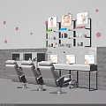 Three White Massage Chairs With Hexagon Shelf Wall Cosmetics White Table And Pink White Decor