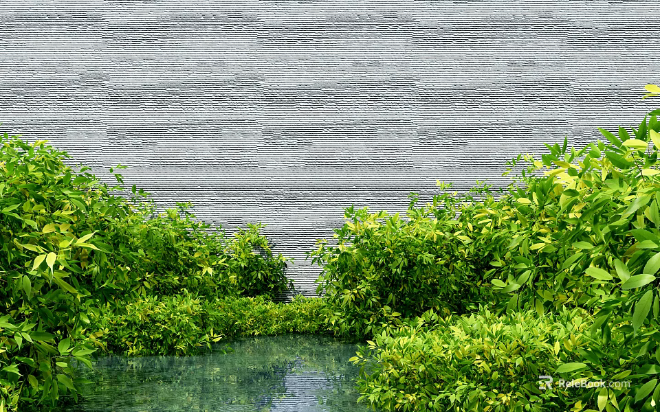 Lush Green Bushes And Plants In Front Of Gray Brick Wall With Water Pool 3d model 
