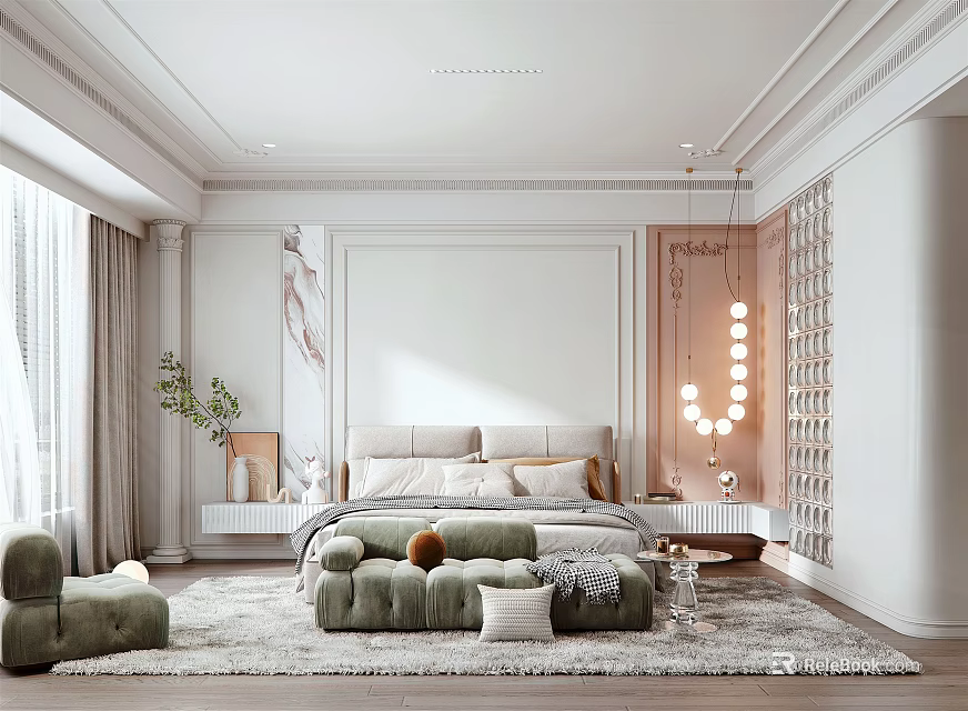 Elegant Modern Bedroom Interior Design With Soft Headboard Decorative Pillows And Area Rug 3d model 