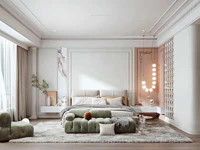 Elegant Modern Bedroom Interior Design With Soft Headboard Decorative Pillows And Area Rug 3d model