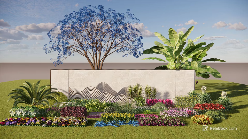 Landscape Wall With Wavy Pattern Blue Tree Banana Leaves And Colorful Flowers 3d model 